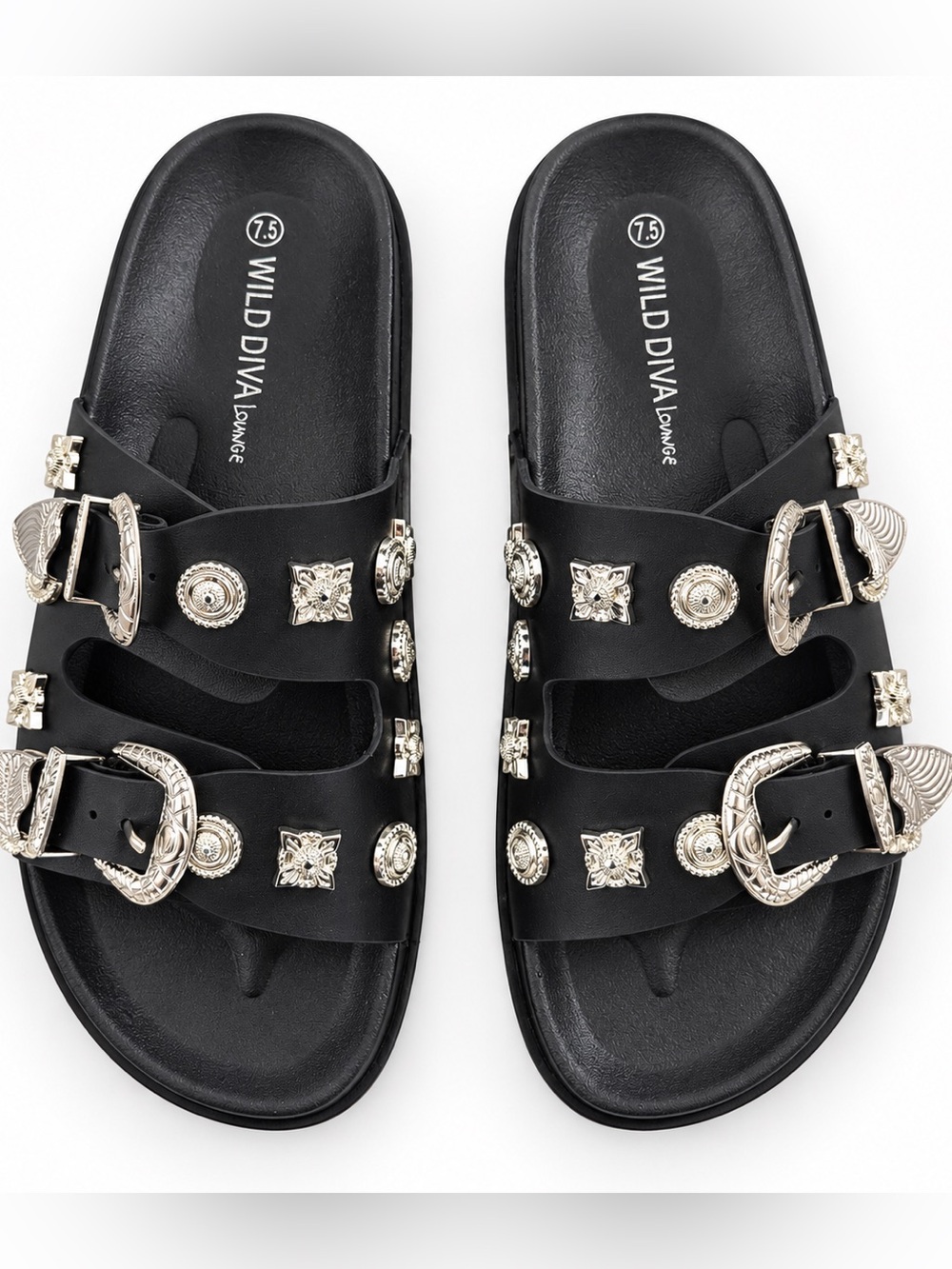 New Black Sandals with Decorative Buckles — Size 7.5